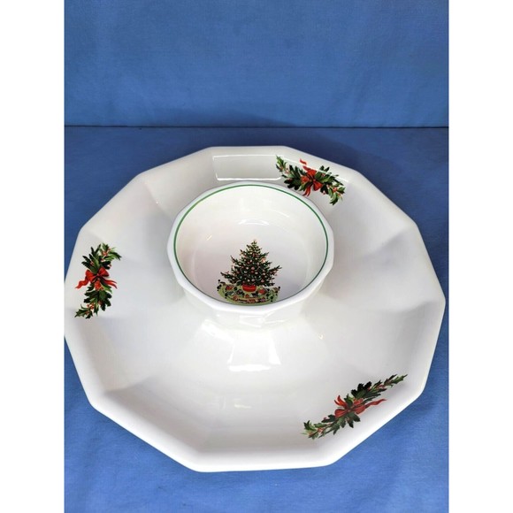 Christmas Tree Chip & Dip Pfaltzgraff 2 Pc Set White Made in USA - Picture 8 of 10